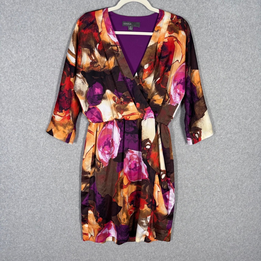 Donna Ricco Pleated Wrap Dress Size 6 Dark Floral Satin Abstract Artsy Flowy 90s